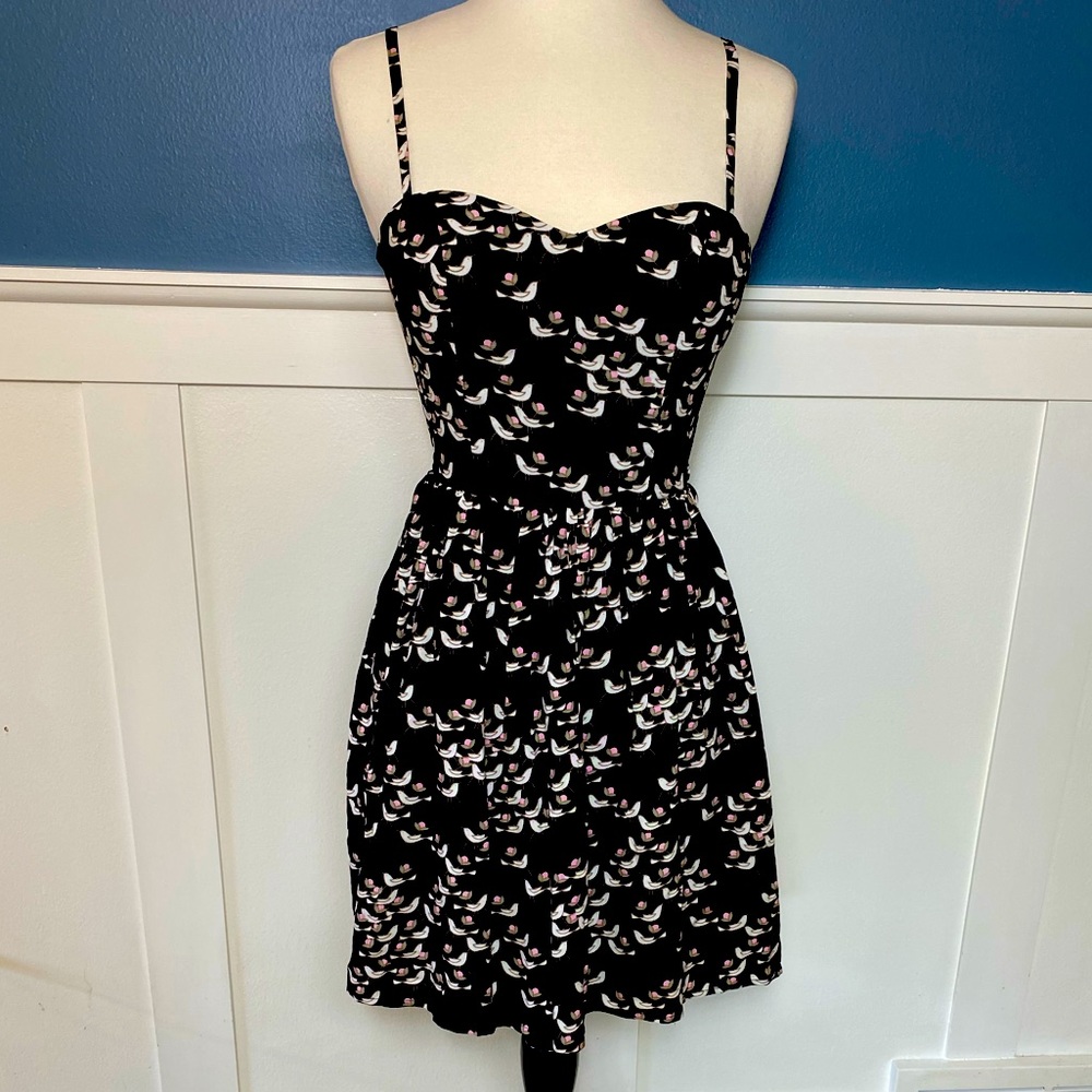 Charlotte Russe Short Dress Spagetti Strap Tie Knot Floral Birds Black Size S